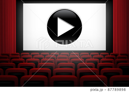 Movie theater background with red curtains, chairs, white screen and play symbol. Vector illustration. 87789898