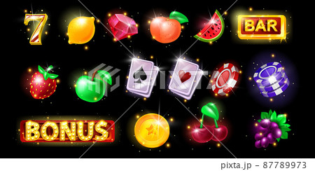 Casino slot game icon, vector gambling machine badge kit, fruit set, cards, bonus sign Casino slot game icon, vector gambling machine badge kit, fruit set, cards, bonus sign 87789973