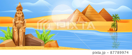Egypt landscape ancient vector pharaoh pyramid, Nile river palm tree, African sand dune background 87789974