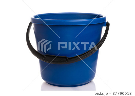 empty blue bucket with black handle on white isolated background 87790018