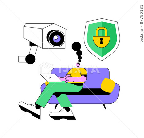 Indoor security system abstract concept vector illustration. Smart house installation, mobile application, control center, smartphone operated home security system, door lock abstract metaphor. 87790181