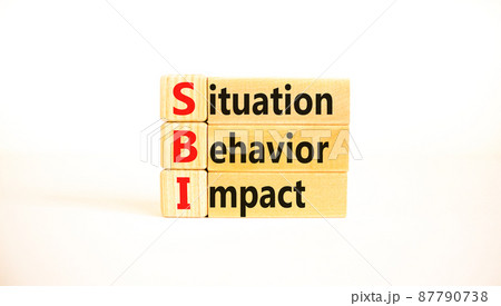 SBI situation behavior impact symbol. Concept words SBI situation behavior impact on blocks on beautiful white table white background. Psychological SBI situation behavior impact concept. Copy space. 87790738