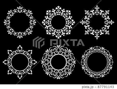 Set of decorative frames Elegant vector element for design in Eastern style, place for text. Floral black and white borders. Lace illustration for invitations and greeting cards. Set of decorative frames Elegant vector element for design in Eastern style, place for text. Floral black and white borders. Lace illustration for invitations and greeting cards. 87791143