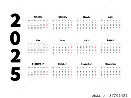 2025 year simple horizontal calendar in english, typographic calendar isolated on white 87791421