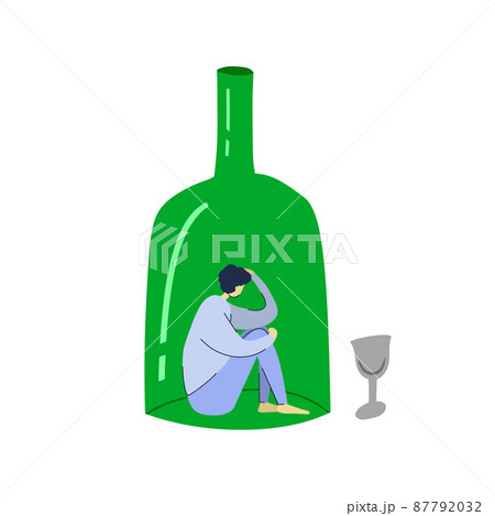 The girl suffers from alcoholism. A man is sitting in an alcohol bottle 87792032