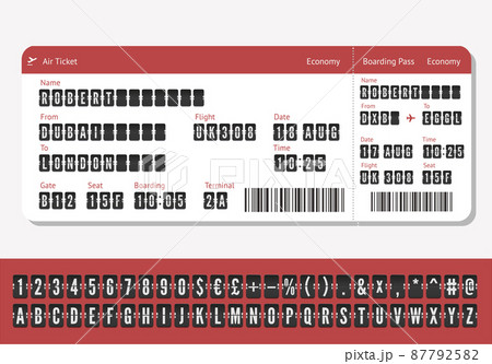 Airplane ticket vector mockup with scoreboard alphabet. Flight card with boarding pass 87792582