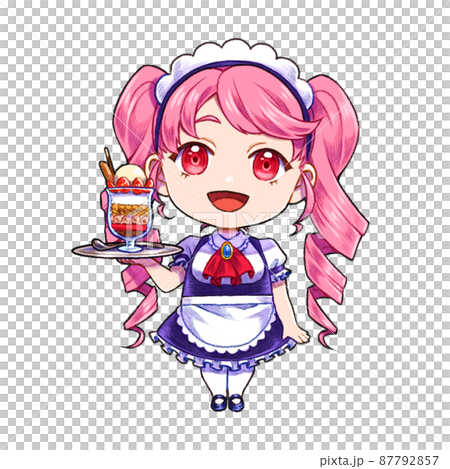 パフェを運ぶウェイトレスのデフォルメイラスト パフェを運ぶウェイトレスのデフォルメイラスト 87792857