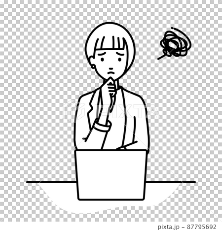 A woman in a jacket sitting at a desk and opening her PC A woman in a jacket sitting at a desk and opening her PC 87795692