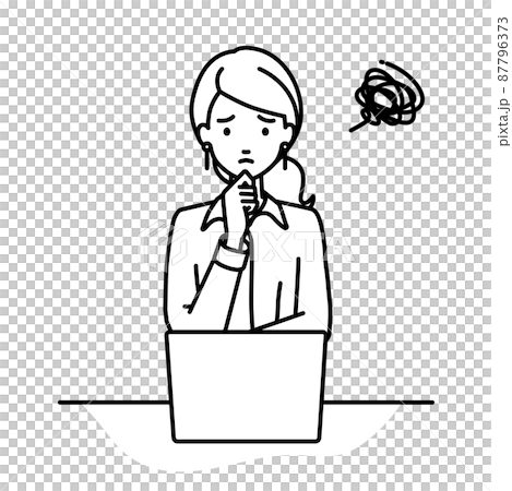 デスクで座ってPCを開いて困っているブラウスの女性 デスクで座ってPCを開いて困っているブラウスの女性 87796373