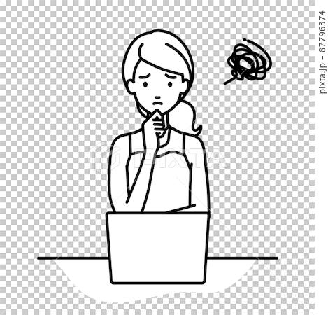 デスクで座ってPCを開いて困っているドレスの女性 87796374