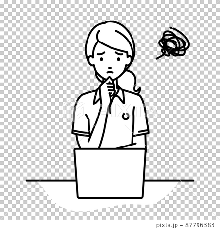 A woman in a polo shirt sitting at a desk and opening her PC 87796383