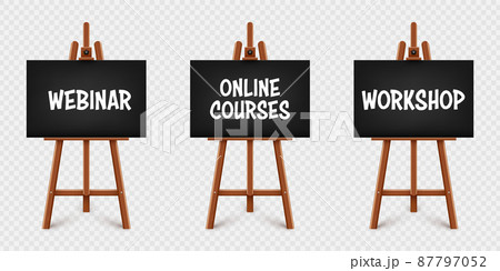 Realistic paint desk with text on black canvas. Wooden easel and a sheet of drawing paper 87797052