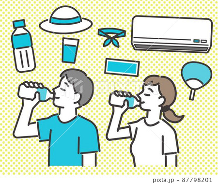 熱中症対策に水分補給をする若い男女と熱中症対策のアイコンのベクターイラスト素材／夏／熱中症／ペットボ 87798201