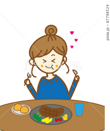 洋食レストランで幸せそうにステーキを食べるかわいい肉食女子のおひとり様ディナーの手書きイラストのイラスト素材