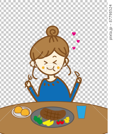 一個可愛的肉食女孩在西餐廳獨自愉快地吃牛排的手寫插圖 87798524