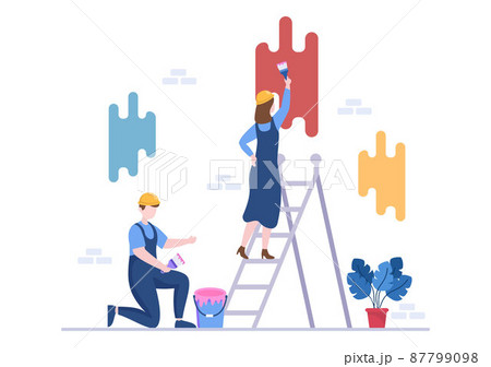 Home Renovation or Repair with Construction Tools, Laying Floor Tiles and Painting Wall to Good Decoration Condition in Flat Background Illustration Home Renovation or Repair with Construction Tools, Laying Floor Tiles and Painting Wall to Good Decoration Condition in Flat Background Illustration 87799098