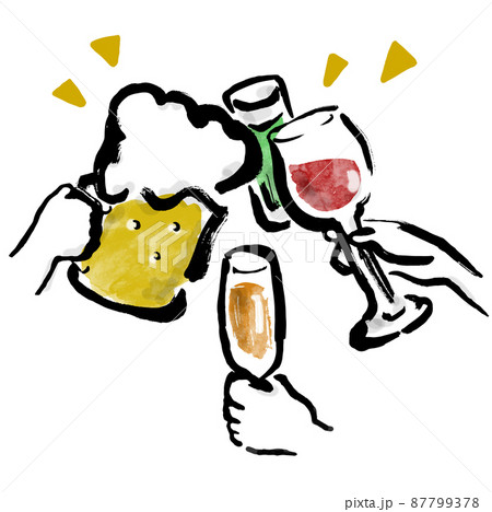 お酒で乾杯している手描き和風イラスト お酒で乾杯している手描き和風イラスト 87799378