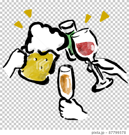 與清酒一起敬酒的手繪日式插圖 87799378