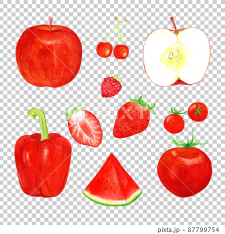 手描き水彩で描く赤い食べ物イラストセットのイラスト素材