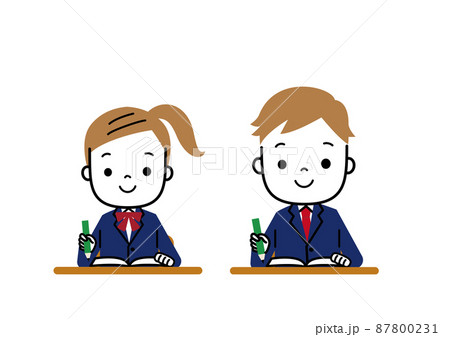 笑顔で勉強している制服姿の男女学生 受験勉強のイラスト素材