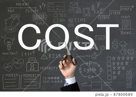 はさみを持ったビジネスマンの手とコストの文字―コストカットイメージ 87800689