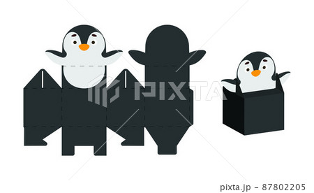 Cute party favor box penguin design for sweets, candies, small presents. Package template for any purposes, birthdays, baby shower, Christmas. Print, cut out, fold, glue. Vector stock illustration 87802205