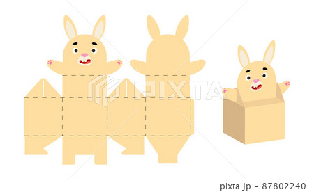 Cute party favor box hare design for sweets, candies, small presents. DIY package template for any purposes, birthdays, baby showers, Christmas. Print, cut out, fold, glue. Vector stock illustration. 87802240