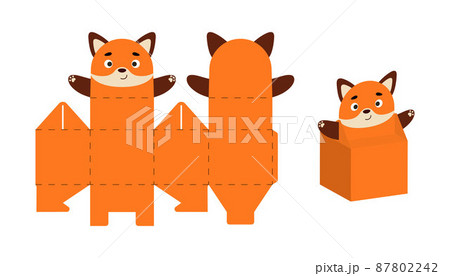Cute party favor box fox design for sweets, candies, small presents. DIY package template for any purposes, birthdays, baby showers, Christmas. Print, cut out, fold, glue. Vector stock illustration. Cute party favor box fox design for sweets, candies, small presents. DIY package template for any purposes, birthdays, baby showers, Christmas. Print, cut out, fold, glue. Vector stock illustration. 87802242