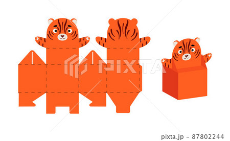 Cute party favor box tiger design for sweets, candies, small presents. DIY package template for any purposes, birthdays, baby showers, Christmas. Print, cut out, fold, glue. Vector stock illustration. 87802244