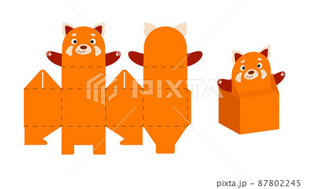 Cute party favor box red panda design for sweets, candies, small presents. DIY package template for any purposes, birthdays, baby showers, Christmas. Print, cut out, fold, glue. Vector illustration. Cute party favor box red panda design for sweets, candies, small presents. DIY package template for any purposes, birthdays, baby showers, Christmas. Print, cut out, fold, glue. Vector illustration. 87802245