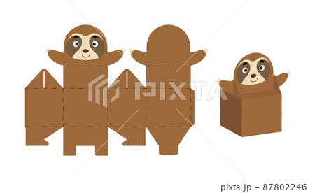Cute party favor box sloth design for sweets, candies, small presents. DIY package template for any purposes, birthdays, baby showers, Christmas. Print, cut out, fold, glue. Vector stock illustration. Cute party favor box sloth design for sweets, candies, small presents. DIY package template for any purposes, birthdays, baby showers, Christmas. Print, cut out, fold, glue. Vector stock illustration. 87802246