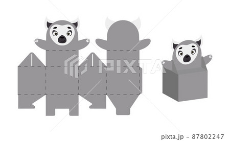 Cute party favor box lemur design for sweets, candies, small presents. DIY package template for any purposes, birthdays, baby showers, Christmas. Print, cut out, fold, glue. Vector stock illustration. Cute party favor box lemur design for sweets, candies, small presents. DIY package template for any purposes, birthdays, baby showers, Christmas. Print, cut out, fold, glue. Vector stock illustration. 87802247
