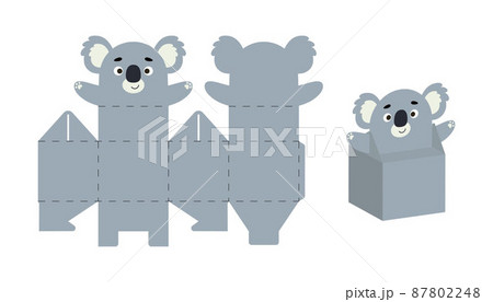 Cute party favor box koala design for sweets, candies, small presents. DIY package template for any purposes, birthdays, baby showers, Christmas. Print, cut out, fold, glue. Vector stock illustration. 87802248