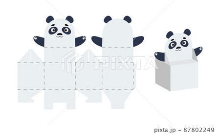 Cute party favor box panda design for sweets, candies, small presents. DIY package template for any purposes, birthdays, baby showers, Christmas. Print, cut out, fold, glue. Vector stock illustration. 87802249
