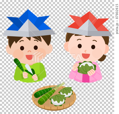こどもの日 柏餅とちまきを食べる男の子と女の子 イラスト 87802615