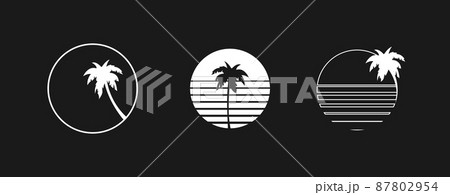 Set of retrowave design elements, sunsets. Sun with palm trees and stripes. Pack of retrowave 1980s style design elements. Vector illustratio 87802954
