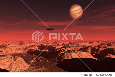 風景　3DCG　赤い惑星とUFO 87804220