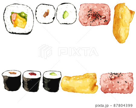 手描き水彩の太巻・細巻・おいなり・赤飯イラストワンポイントセット 87804399