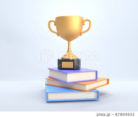 Golden cup, trophy or winner prize stand on stack books. Achievement in education, study award, successful student, excellent academic performance. Gold goblet for contest or competition, 3d render 87804933