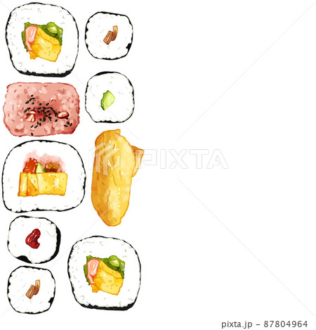 手描き水彩の太巻・細巻・おいなり・赤飯イラスト正方形フレーム・左 手描き水彩の太巻・細巻・おいなり・赤飯イラスト正方形フレーム・左 87804964