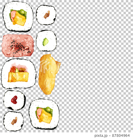 手描き水彩の太巻・細巻・おいなり・赤飯イラスト正方形フレーム・左 手描き水彩の太巻・細巻・おいなり・赤飯イラスト正方形フレーム・左 87804964