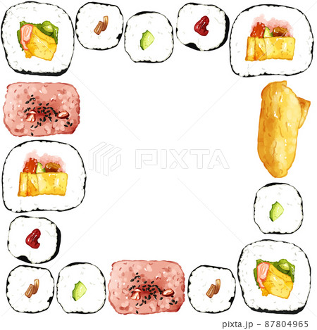 手描き水彩の太巻 細巻 おいなり 赤飯イラスト正方形フレーム 囲みのイラスト素材