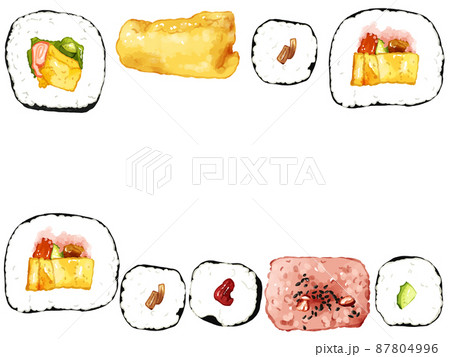 手描き水彩の太巻・細巻・おいなり・赤飯イラスト長方形フレーム・上下 87804996