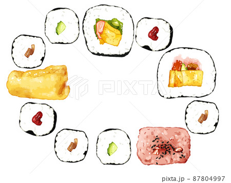 手描き水彩の太巻・細巻・おいなり・赤飯イラスト長方形フレーム・楕円 87804997