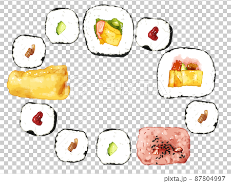 手描き水彩の太巻・細巻・おいなり・赤飯イラスト長方形フレーム・楕円 87804997