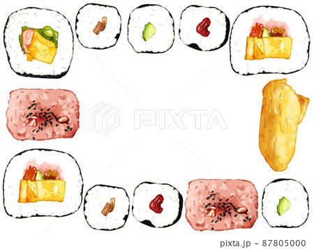 手描き水彩の太巻・細巻・おいなり・赤飯イラスト長方形フレーム・囲み 手描き水彩の太巻・細巻・おいなり・赤飯イラスト長方形フレーム・囲み 87805000