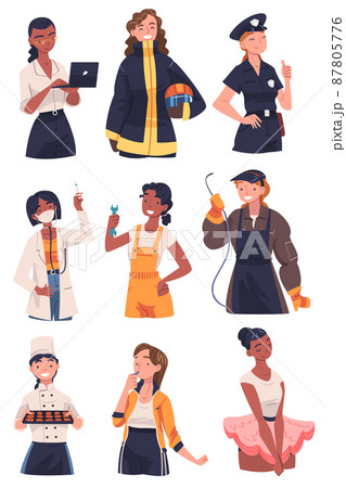 Young Woman of Different Profession Like Firefighter and Police Officer Vector Set 87805776