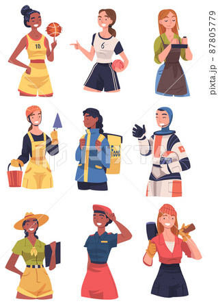 Young Woman of Different Profession Like Astronaut and Builder Vector Set 87805779