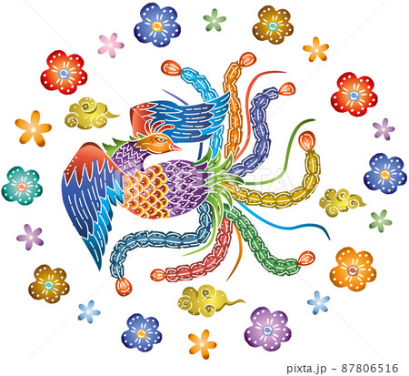 沖縄の伝統工芸琉球紅型の鳳凰デザイン 87806516