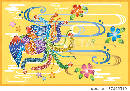 沖縄の伝統工芸琉球紅型の鳳凰デザイン 87806519